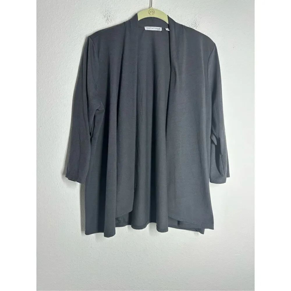 Notations Women’s Gray Open Front 3/4 Sleeve Cardigan Size L Petite